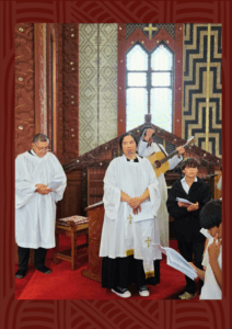 Ven. Archdeacon Merekaraka Te Whitu leads the congregation in song at Meri Kuia (St Mary's Church, Tikitiki),
